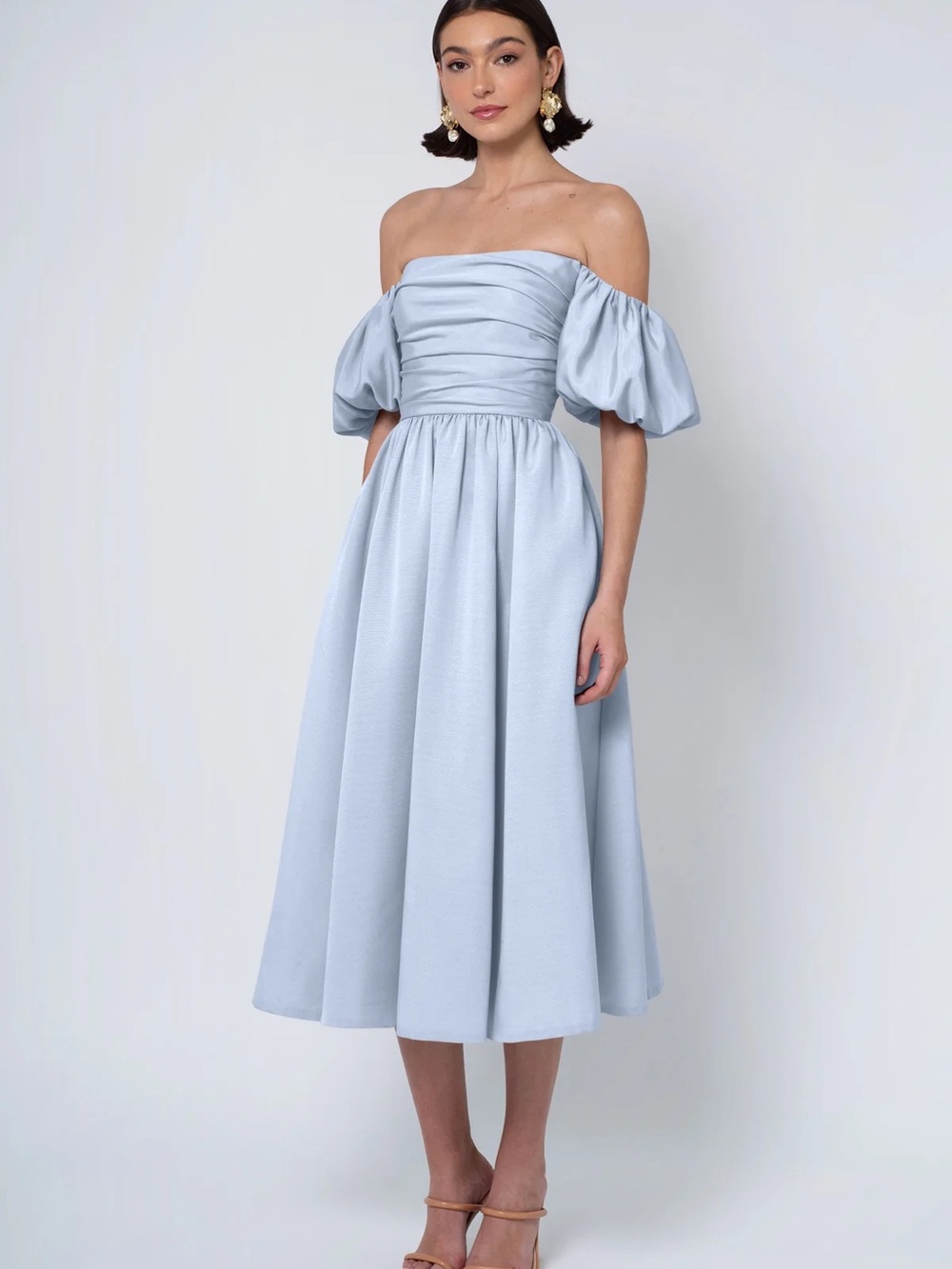 Jenny Yoo Pale Blue Off-the-Shoulder Midi Dress with Puff Sleeves